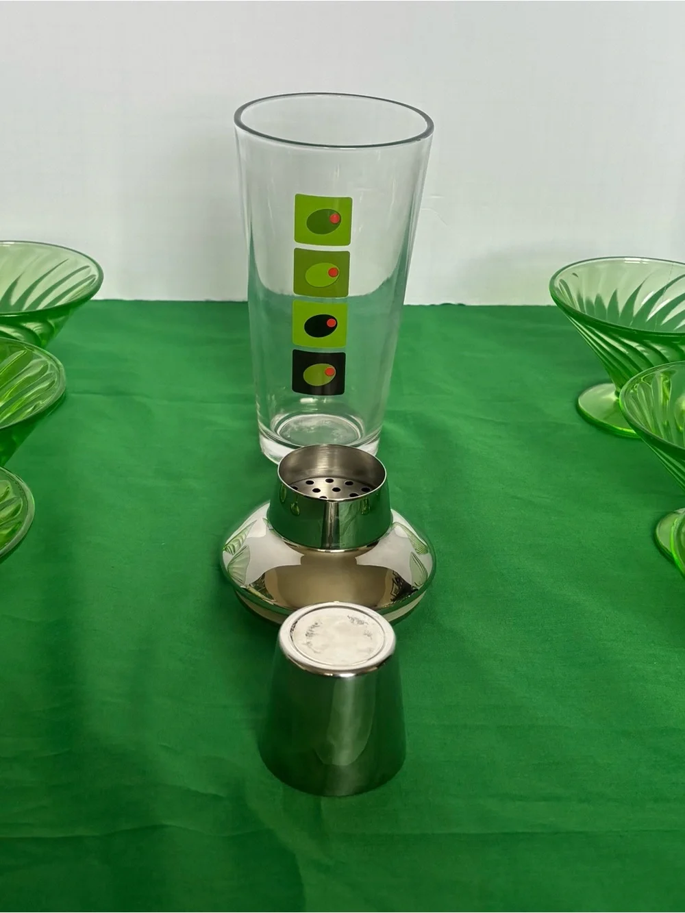 Six Green  uranium Olive Cocktail Shaker with Retro Olive Motif